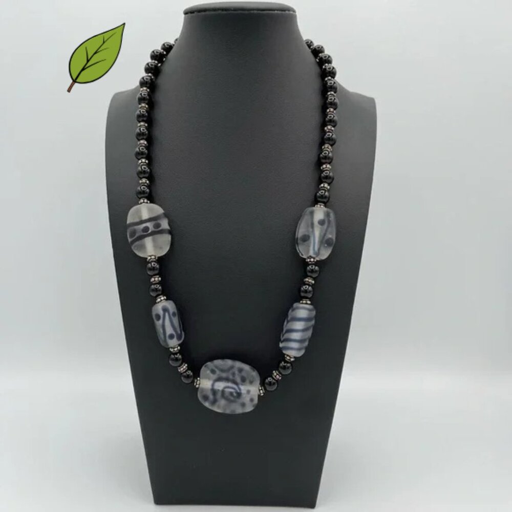 Heavy 91.72g Artisan Frosted Art Glass & 925 Sterling Silver Statement Necklace